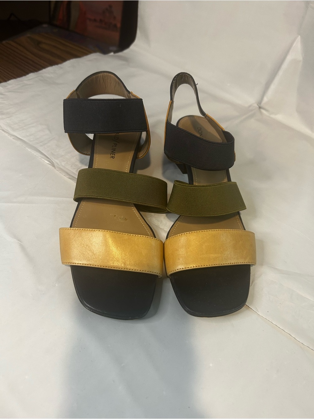 DONALD PLINER Leather Multi-Color block heal strappy Sandals - Black Olive Cream
